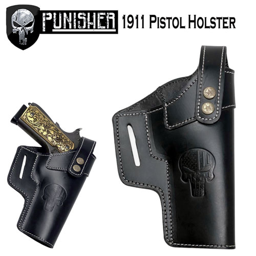 GunAlly 1911 Punisher Logo Leather Gun Holster | Fits Most 1911 Style Pistols .45